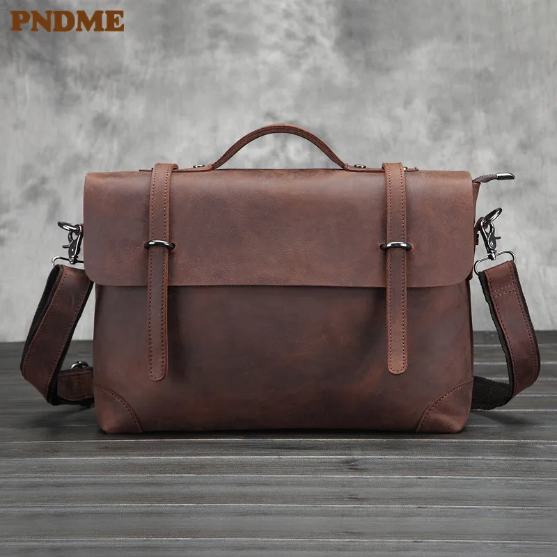 PNDME vintage business simple high quality crazy horse cowhide genuine leather office men's briefcase laptop bag messenger bags