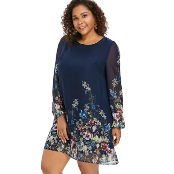Wipalo Plus Size Floral Print Tunic Women Dress Long Sleeve Autumn Elegant Tribal Flower Print Vocation Shirt Dress Chiffon 5XL
