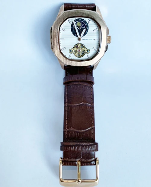MCE механические мужские часы, мужские модные часы, автоматические часы с турбийоном, мужские часы с фазой Луны и квадратным кожаным ремешком, мужские часы - Цвет: brown gold white