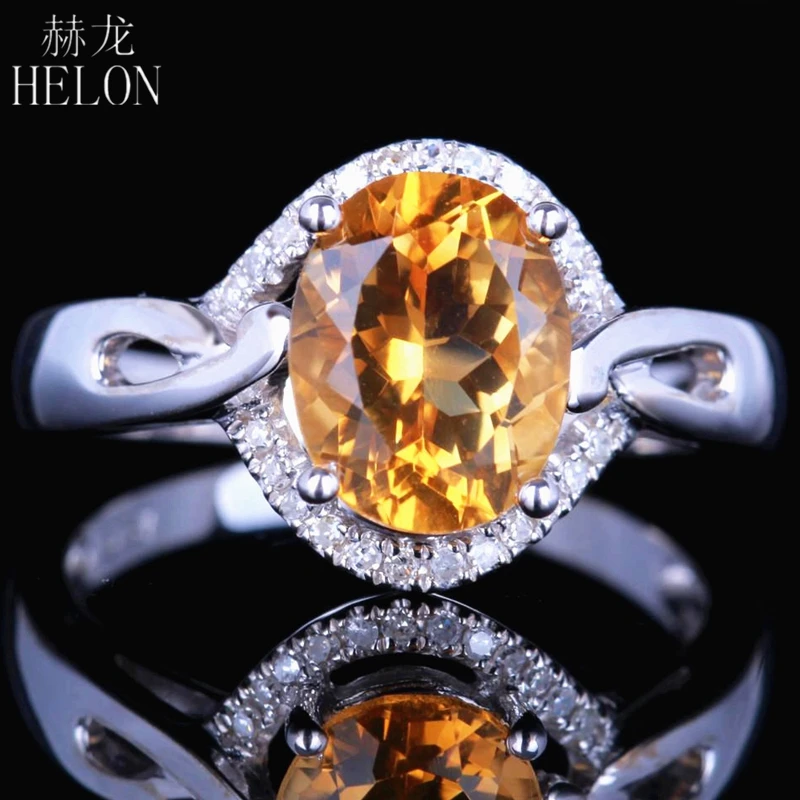 

HELON Solid 10K White Gold Flawless 7X9mm Oval 1.6ct Genuine Citrine Pave Natural Diamonds Engagement Wedding Women Jewelry Ring