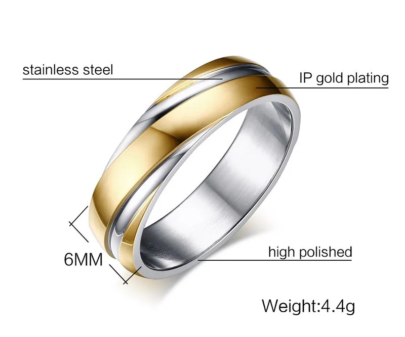 Vnox Свадебные Кольца для Для мужчин 316L Нержавеющая сталь Ювелирные изделия 6 мм Ширина черный/розовое золото/золотой цвет