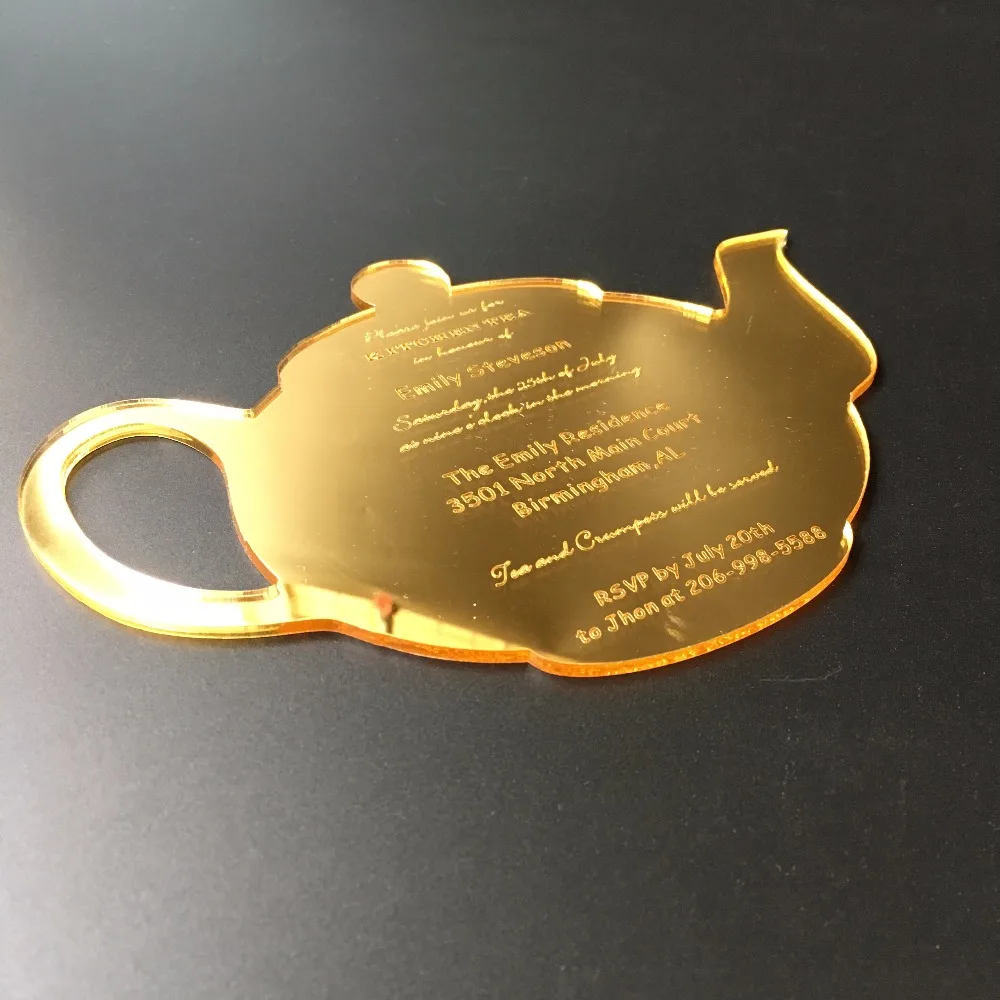  8Pieces Per Lot Funny Tea Pot Shape Wedding Kitchen Tea Golden Mirror Acrylic Invitation Cards SHIP - 32916545030