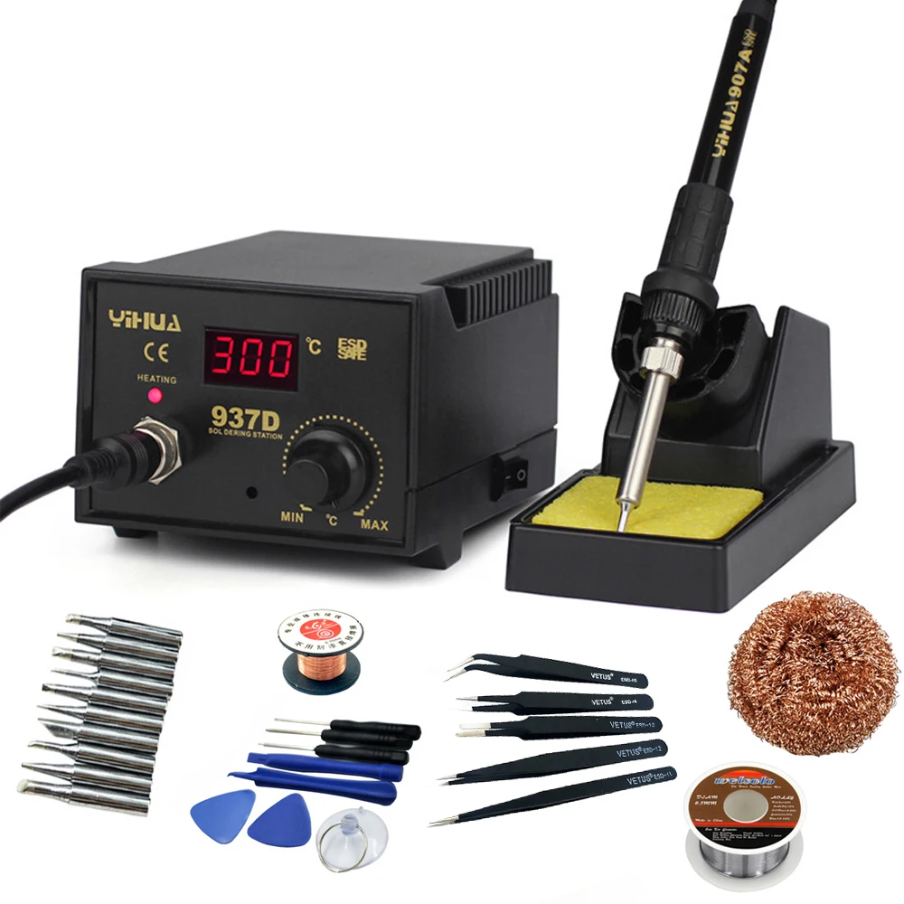 Скидка YIHUA 937D высокое качество 110 В 220 В 45 Вт контроль температуры Цифровая паяльная станция паяльные станции подключаемый пистолет горячего воздух...