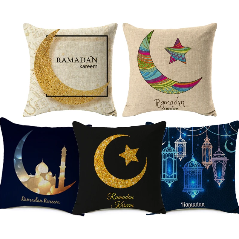 

decorUhome Ramadan Cushion Cover Gold Moon Star Eid Mubarak Beige Pillow Cover Thin Linen Cotton Bedroom Sofa Home Decoration