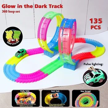 

Glow race track 360 loop Bend Flex Glow in the Dark Flexible Assembly Track with twinkling light Race Vehicle Educational toys