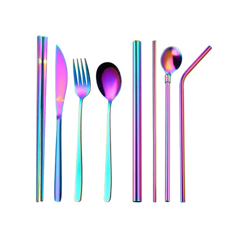 

Stainless Steel Portable 9 pcs Rainbow Dinnerware for home Kid Dinner Knife Fork Scoops Straw Bag Pouch Tableware Set