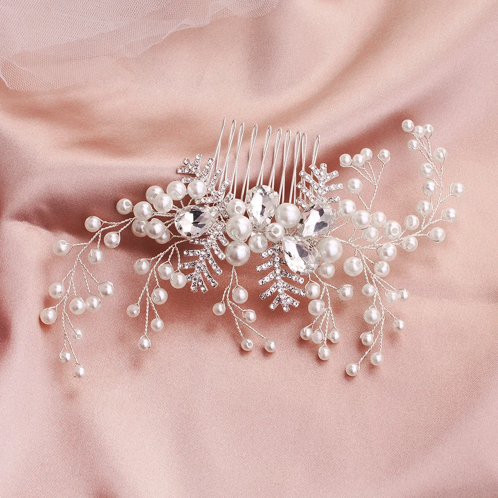 

Romantic Bride Hair Ornaments Pearl Insert Hair Comb Crystal Wedding Dress Accessories tiara Alloy Headpiece