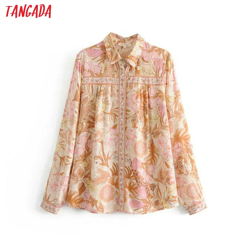 

Tangada women floral autumn blouse fashion 2019 bohemia turn down collar long sleeve shirts female chic tops 5D35