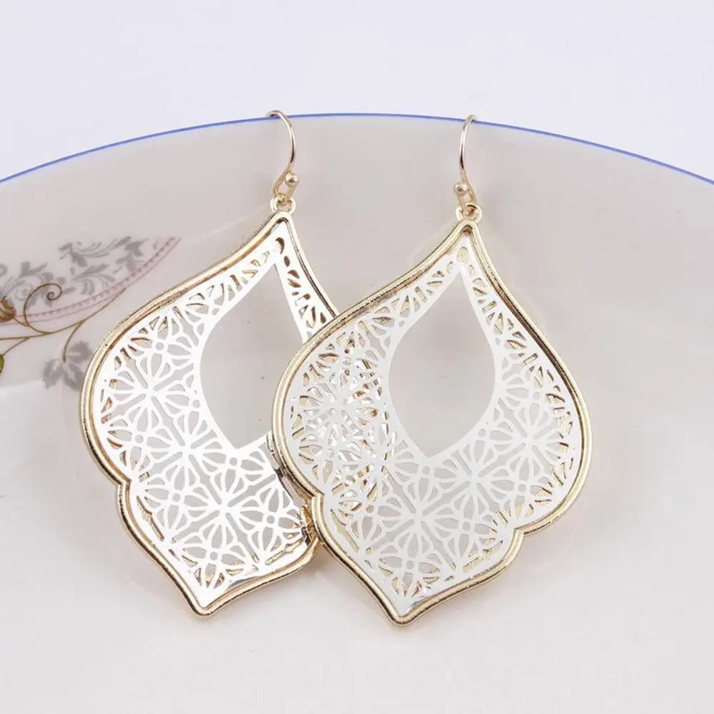 

2019 Fashion Bohemian Gold Silver Filigree Hollow Teardrop Statement Earrings