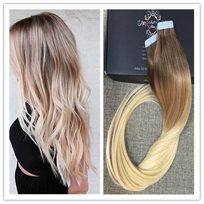 Full Shine 2016 Balayage Ombre Tape Hair Human Glue Hair