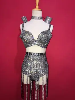 

Silver Black Sparkly Crystals Female Birthday Party Costumes Tassel Sexy Bikini Suits Nightclub Bar Dance Performance Stage Wear