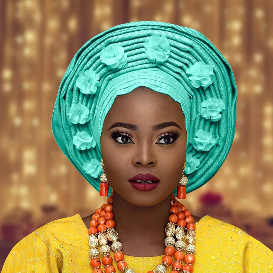 Нигерийский Авто геле Африка головной галстук Африканский aso oke головной тюрбан нигерийский геле Африканский головной убор aso ebi геле с большими полями - Цвет: aqua