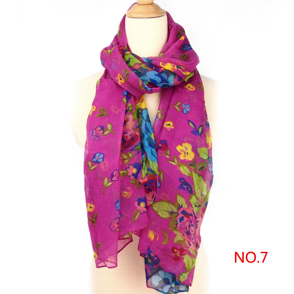 Зимний женский шарф, хлопок, лен, вуаль, цветочный узор, Тонкие шарфы, винтажная шаль, Женский шифоновый шарф, Bufandas Foulard - Цвет: NO7