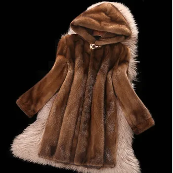 

S-6XL Europe and America High imitation mink fur Coat Furry Hooded Overcoat female Mid long Faux fur Coat Women Winter Clothes