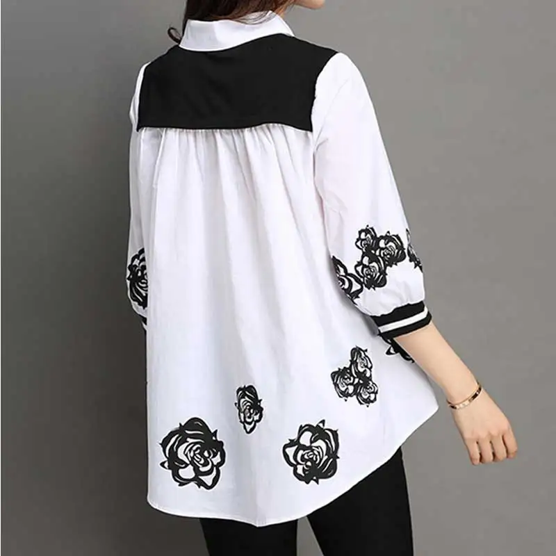 CBAFU, XL-5XL, женская блуза, плюс размер, цветочный принт, ложные, две части, отложной верх, большой размер, свободная, Лоскутная, рубашка, оверсайз, D424