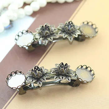 

French Clip Barrettes with 12mm Round Lace Bezels Cabochons Bases Flower For DIY Girls Children Bow Hairgrips Hair Clip Findings