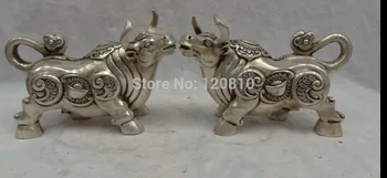 

Folk Chinese Silver FengShui YuanBao Wealth Bull Ox Statue Pair Brass Animals