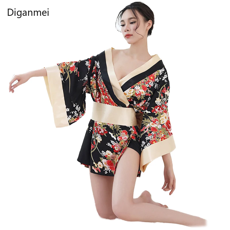 

Black sexy kimonos dress Japan style Cherry blossoms cosplay Japanese traditional kimono woman bathrobe geisha clothing