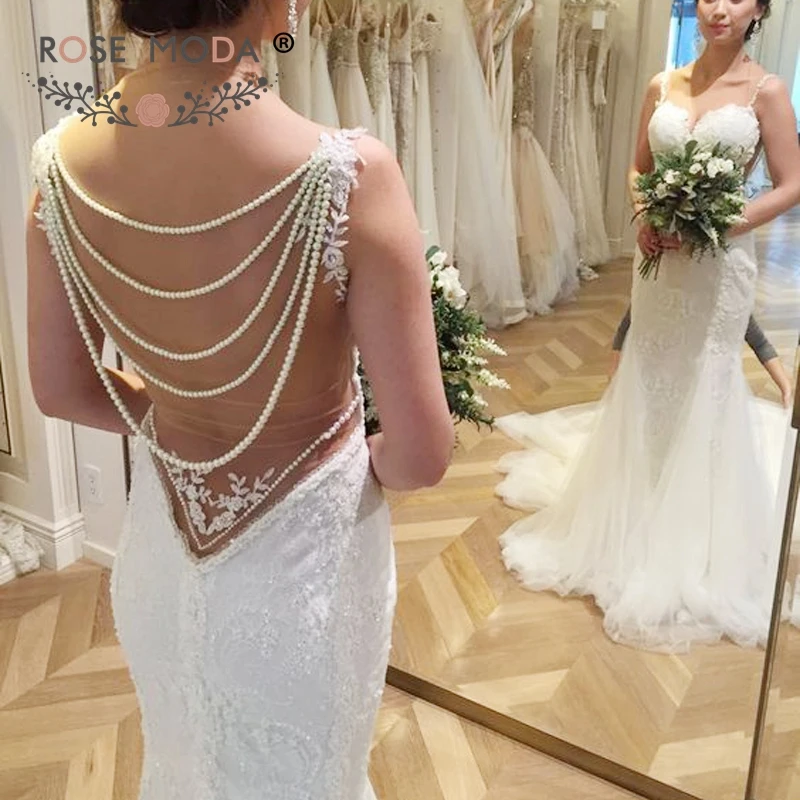 Rose Moda Chantilly Lace Mermaid Wedding Dress with Pearls