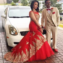 Элегантный Красный Длинные Платья Выпускного Вечера Русалка Золото Кружева Спинки Формальное Вечернее Платье Платья Свадебные Платья феста Гала Горячая продать