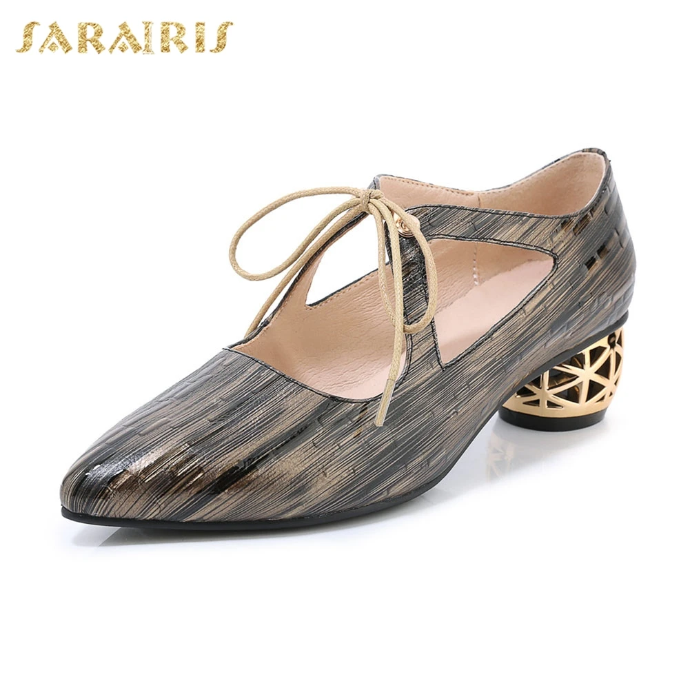 

Sarairis Brand New Big Size 33-40 Pointed Toe Fretwork Heels Genuine Leather Shoes Woman Casual Party Ol Autumn Spring Pumps