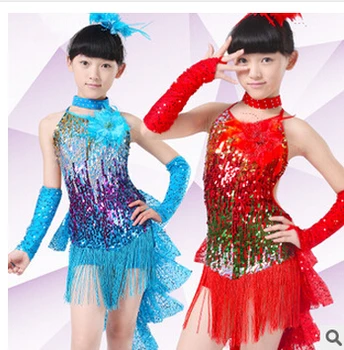 

Free shipping 100-160cm rumba latin dance dress tango samba blue yellow red competition professional girl child dress costume