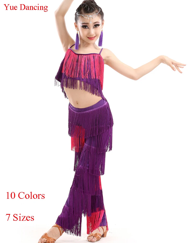 2016 Tassel Latin Dance Dress For Girls Rose/Red/Green Ballroom Tutu 2piece(Top+Fringe Pants