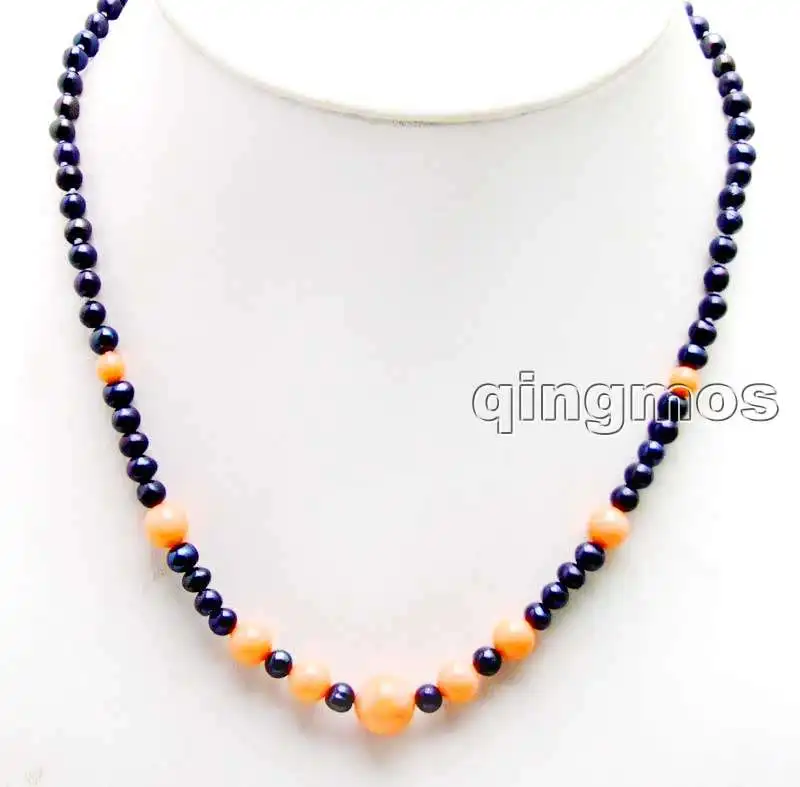 Продажа 5-6 мм черный круглый натуральный жемчуг и 6-10 розовый коралл 17 &quotNecklace-nec5926