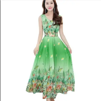 

2018 Boutique Print Chiffon long Dress Women Summer Big swing Dress sleeveless V-Neck Slim Bohemian Dress Plus size Slim Dress
