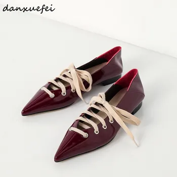 

Women's genuine patent leather lace-up ballerinas brand designer pointed toe soft comfortable ballet flats retro leisure shoes