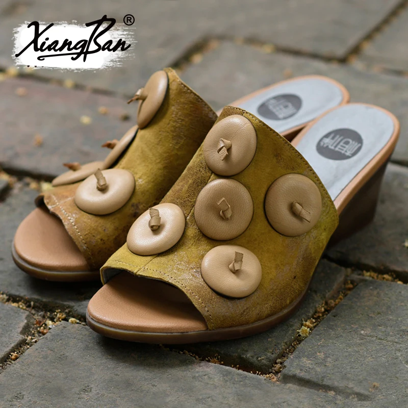 Cm Green yellow Femmes 6 Peep Cuir Chaussures Pantoufle Confort Hauts Élégantes Talons D'été Épais Femme Sandales Pantoufles Toe À Talon Véritable BUHRpqwn
