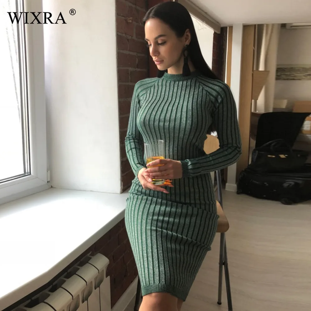 Goede Wixra Warm en Charme Vrouwen Trui Jurk 2017 Fall Winter Lange Sexy Lurex Bodycon Jurken Elastische Gestreepte Skinny Gebreide Jurk