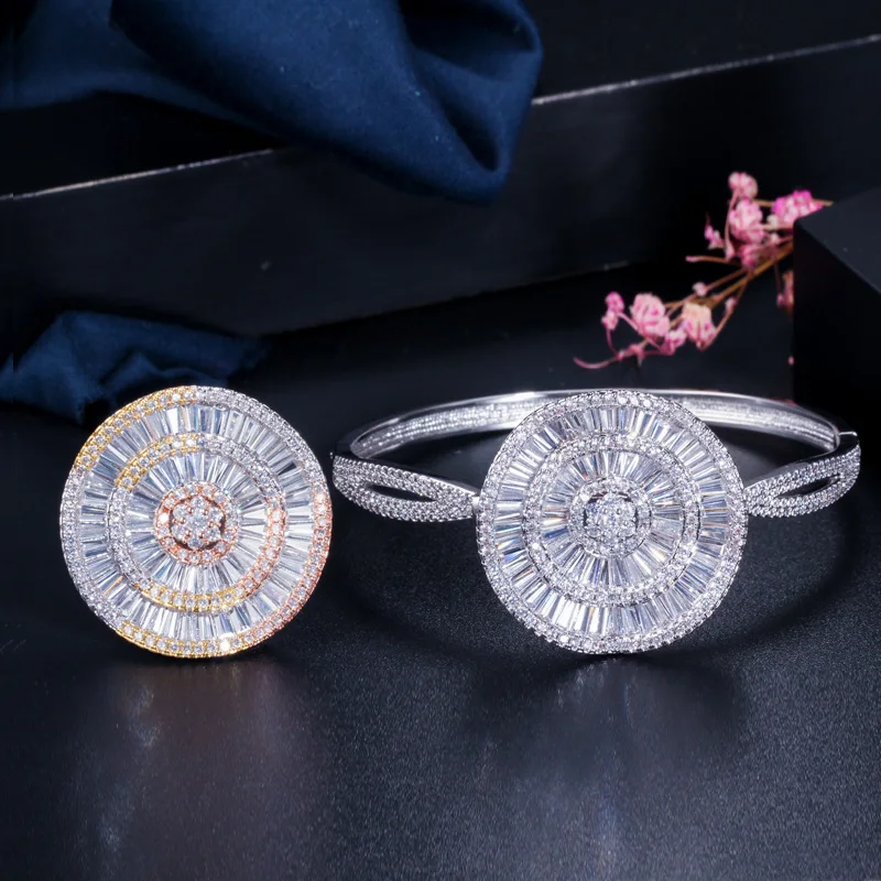 CWWZircons роскошный Дубай розовое золото цвет большой широкий открытый манжета CZ браслет кольцо наборы для женщин Свадебная вечеринка ювелирные аксессуары T336