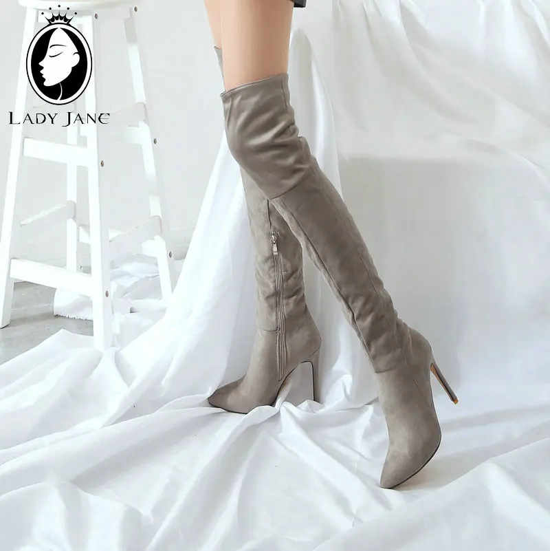 Lady Jane Stiletto Heels Over The Knee High Boots Pointed Toe Heel Zipper Elastic Stretch Winter 2020 Plus Size 34-45 | Обувь
