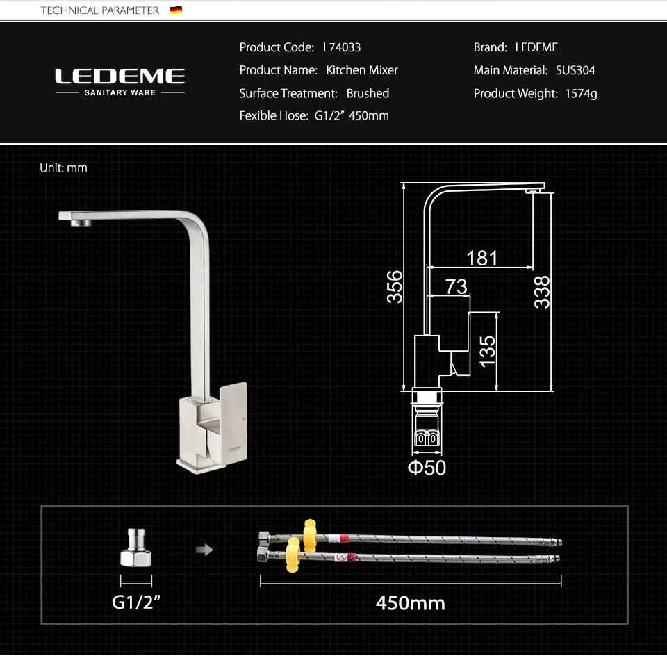 LEDEME Kitchen Faucets Stainless Steel Kitchen Sinks Faucet 360 Degree Rotating Flat Kitchen Mixer Tap Cold and Hot Water L74033