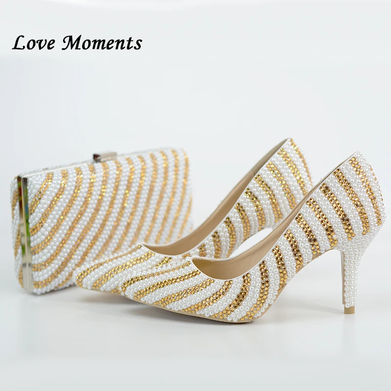 Love Moments/Летняя модная обувь с белыми бусинами и золотыми кристаллами Женские