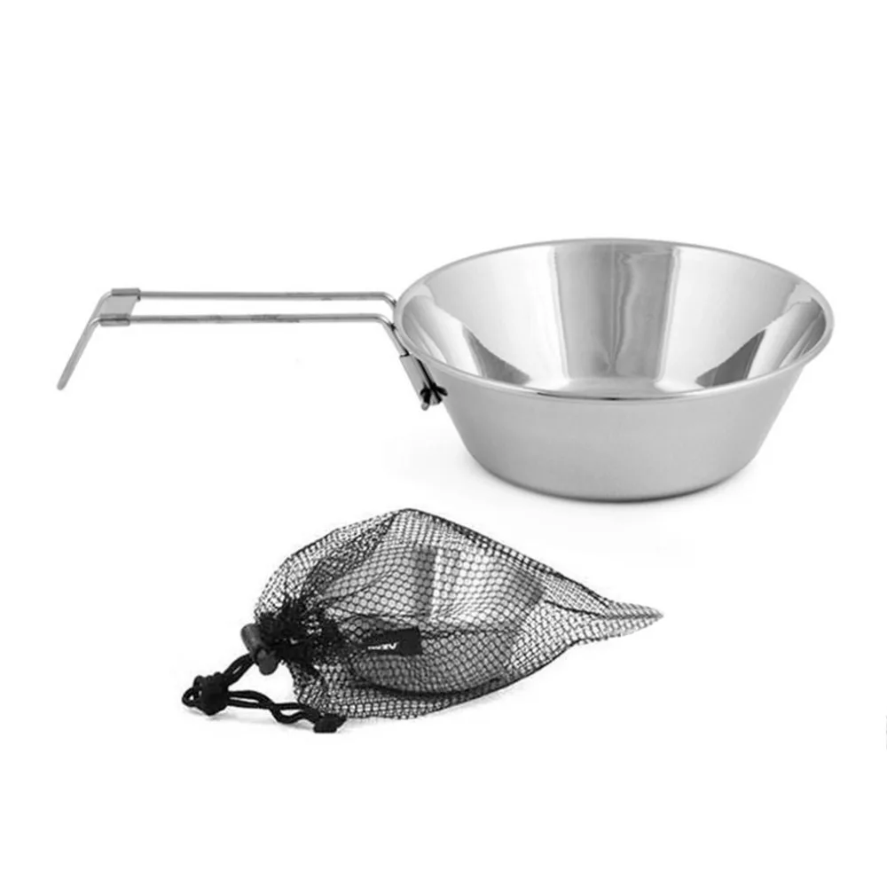 Tazón de acero inoxidable con mango plegable al aire libre Camping Picnic vajilla portátil utensilios de cocina espacio tazón plegable de la nave de la gota