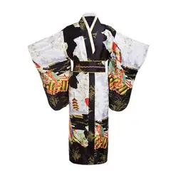 Черные женские японской традиции кимоно юката с Оби цветок Винтаж вечернее платье Косплэй костюм один размер ZW01