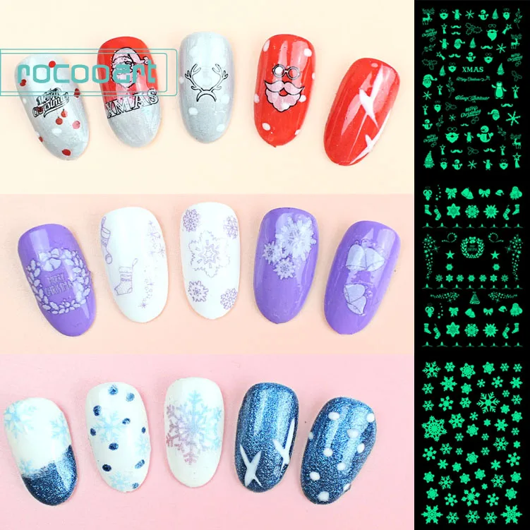 

2018 New Flashing Christmas Flower 3D Nail DIY Stickers Glow In The Dark Nail Art Decoration Self-adhesive Tip Stickers Luminous