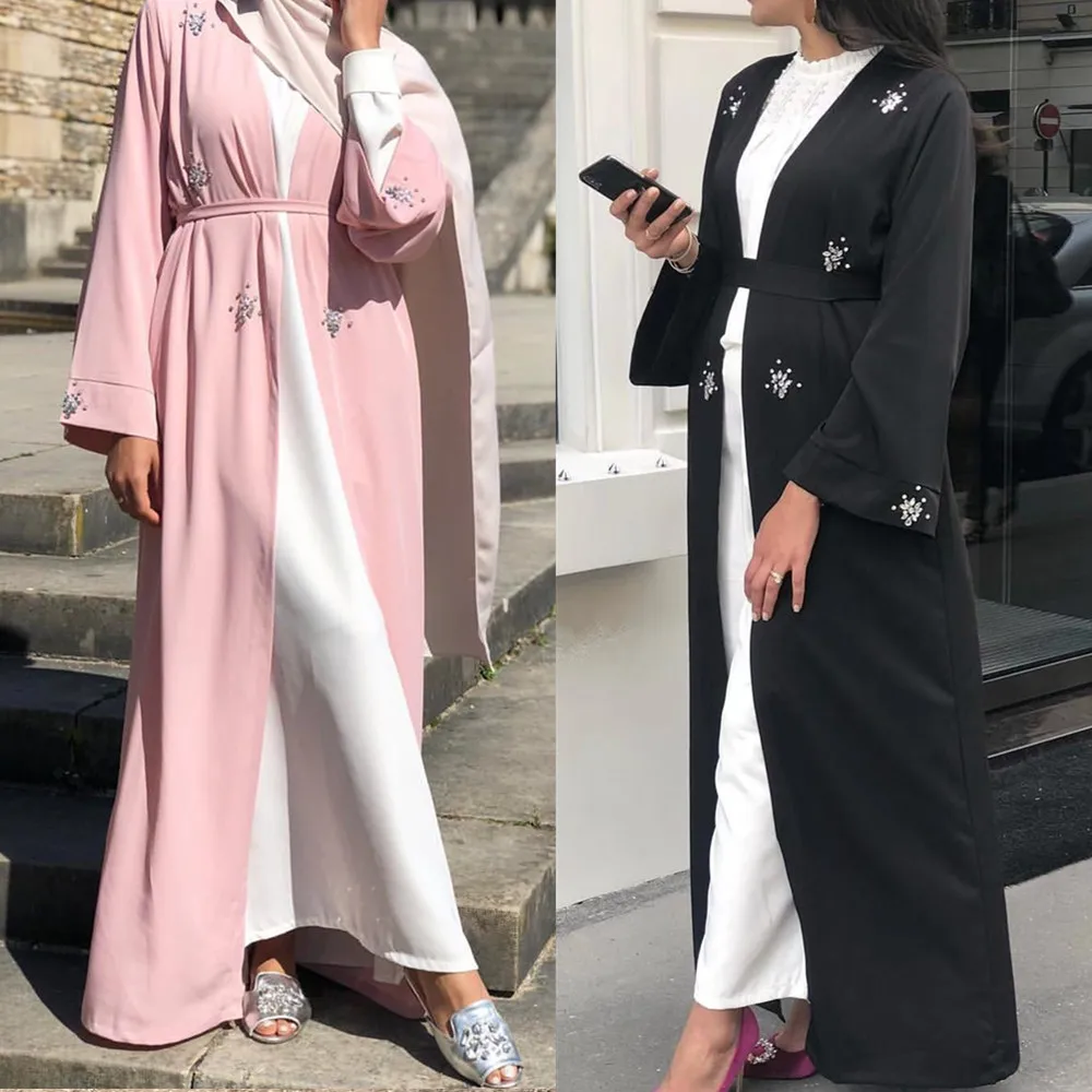 Muslim Diamonds Beading Cardigan Abaya Full Dress Kimono Long Robe 