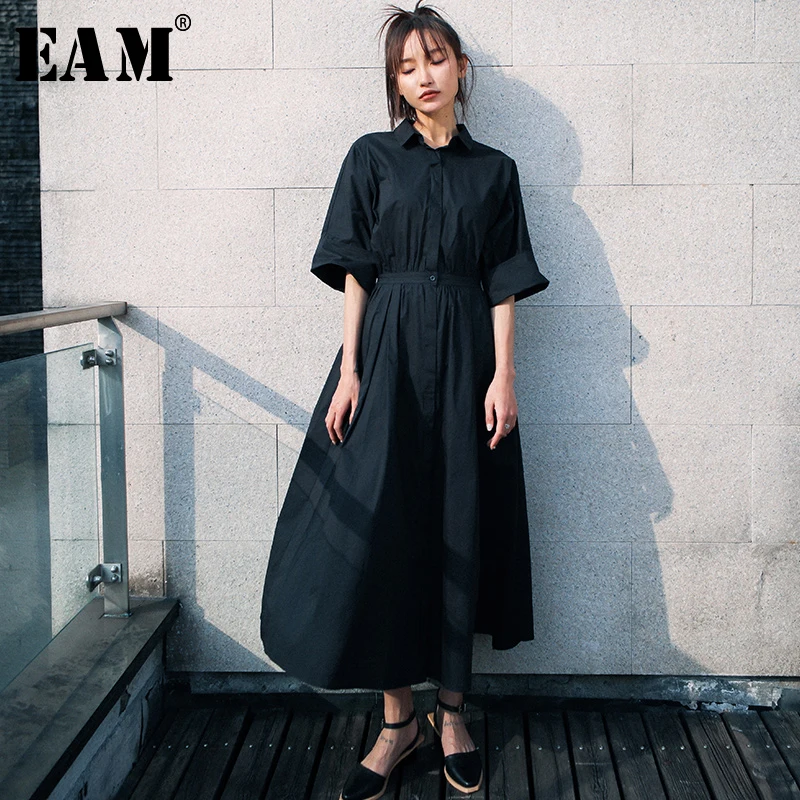 

[EAM] 2019 New Spring Summer Round Neck Three Quarter Sleeve Waist Pleated Stitch Loose Shirt Dress Women Fashion Tide JW801
