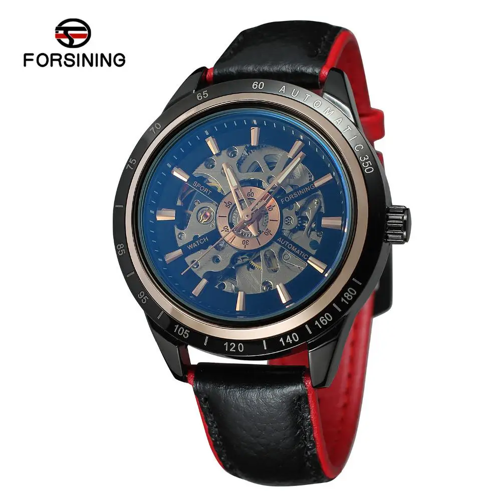 Forsining Лидирующий бренд мотоцикл дизайн прозрачный подлинный Красный Черный ремешок водонепроницаемый скелет для мужчин автоматические часы роскошные часы - Цвет: Red Black
