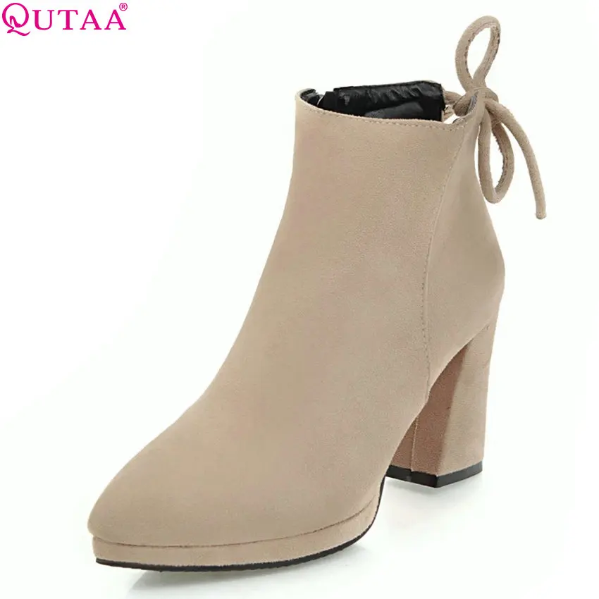 QUTAA 2018 New Women Ankle Boots Fashion Round Toe Zipper Square High Heel All Match Westrn Style Women Boots Size 33-43