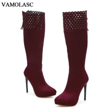 VAMOLASC New Women Autumn Winter Faux Suede Mid Calf Boots Zipper Thin High Heel Boots Pointed Toe Women Shoes Plus Size 34-43