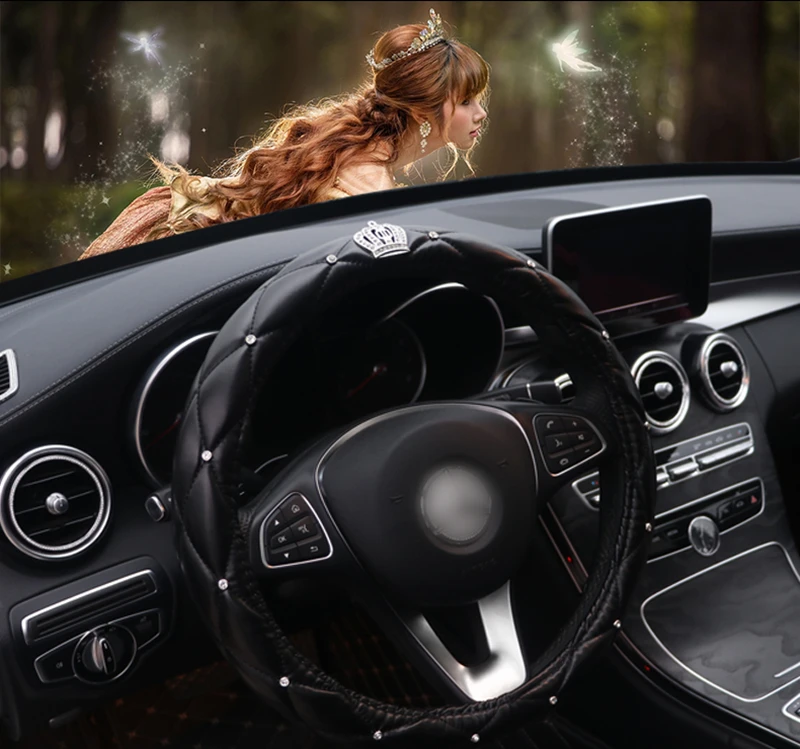 Protetora para Volante de Carro em Couro Cobertura para Volante de Carro em Couro Artificial da Moda Diamante para Mulheres Capa Preto Rosa Acessórios 2020 9 High Quality Automóveis e motos