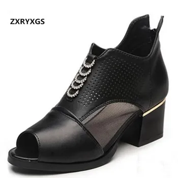 

2019 New Rhinestone Mesh Cowhide Leather Sandals Thick Heel Shoes Sandals Cool Summer Boots Fashion Sandals Women Shoes Black