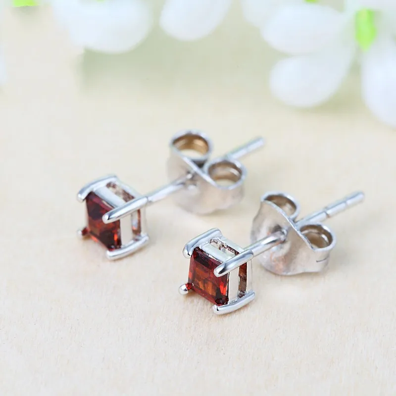 

925 pure silver natural stone Wine red small square stud earring fashion earring female