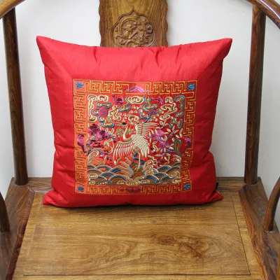 Вышитый кран Дракон Ретро Китайский чехол для подушки винтажный диван стул Автомобильная задняя Подушка декоративная Этническая атласная наволочка - Цвет: red gold crane
