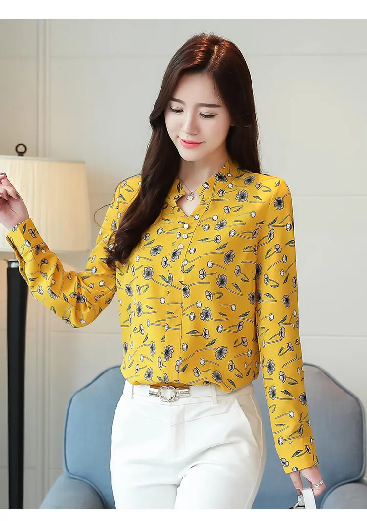 2019 New Autumn Chiffon Blouse Women Ladies Shirts Floral Print Blusas Mujer V-neck Long Sleeve Shirt Women Tops Plus Size (12)