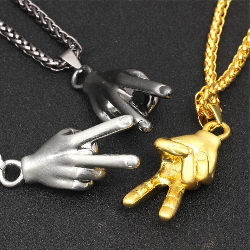 

Fashion Victory Gesture Hand Pendant Necklaces Women Men Personalized Gold Silver Gun Black Long Chain Necklace Hip Hop Jewelry